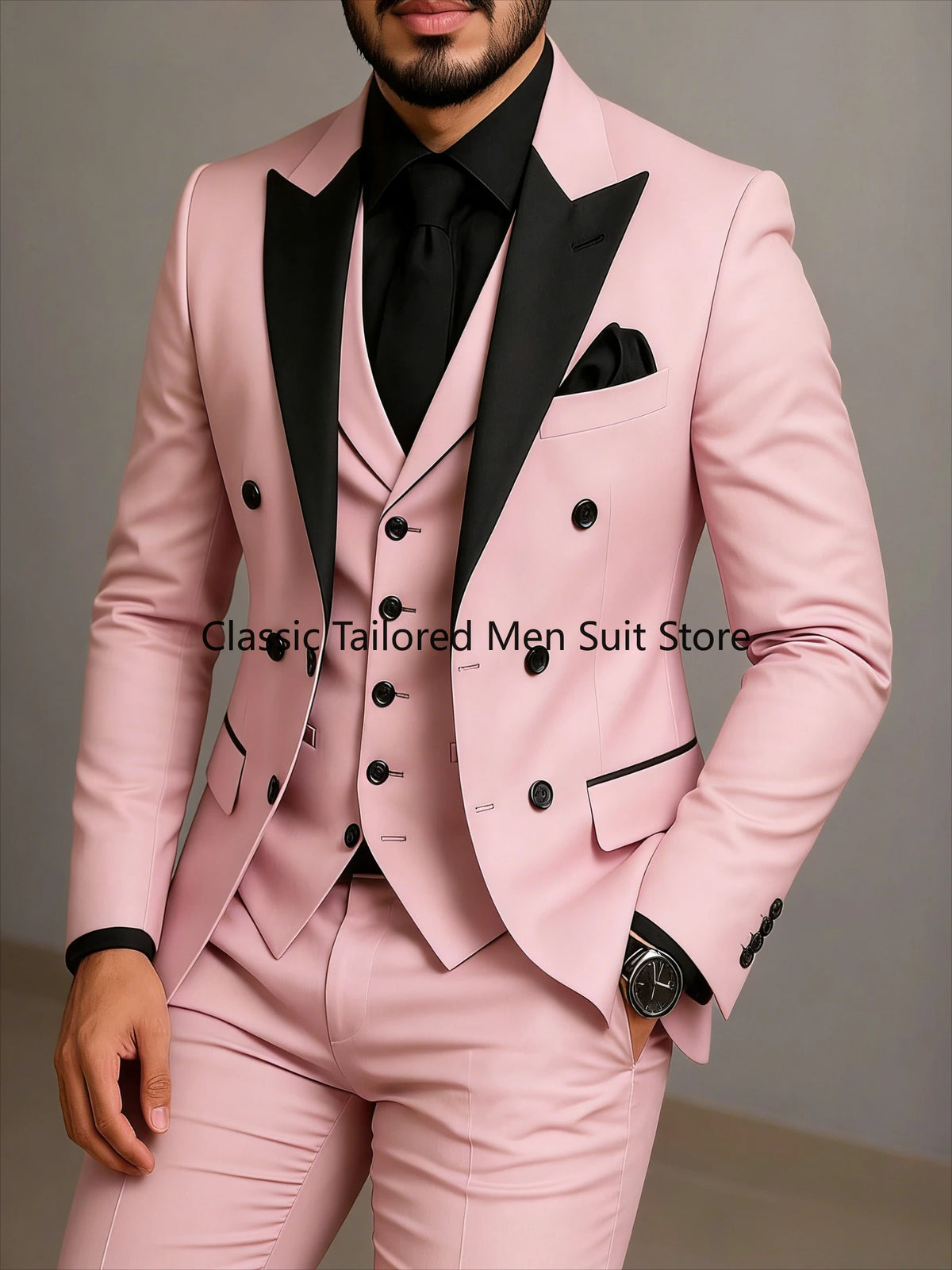Beige Double Breasted Suit Black Lapel Slim Fit Wedding Suit