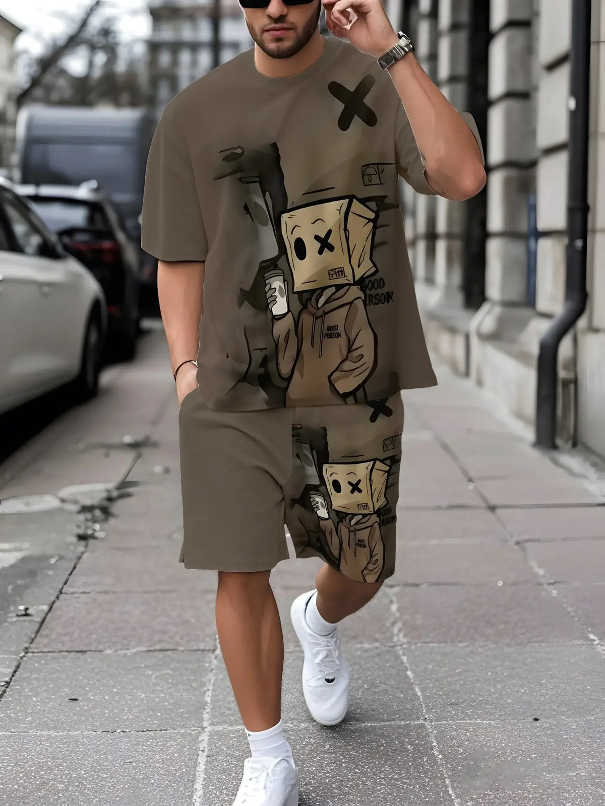 Men's Loose Graffiti-Print Crew-Neck Short-Sleeve T-Shirt and Shorts Set