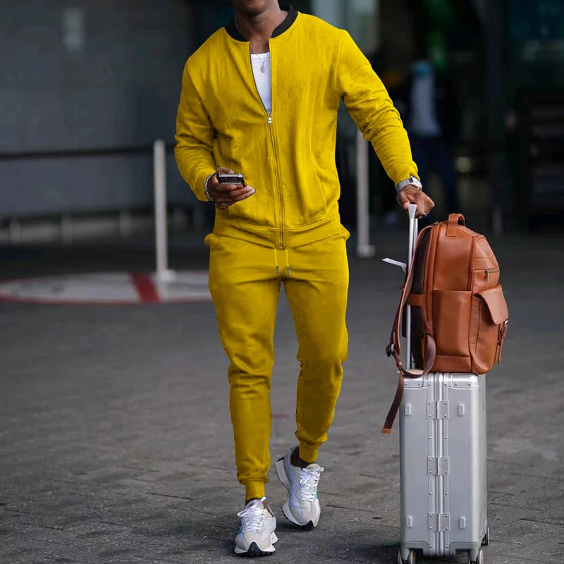 Men's Solid Stand-Collar Zip Jacket and Pants Set