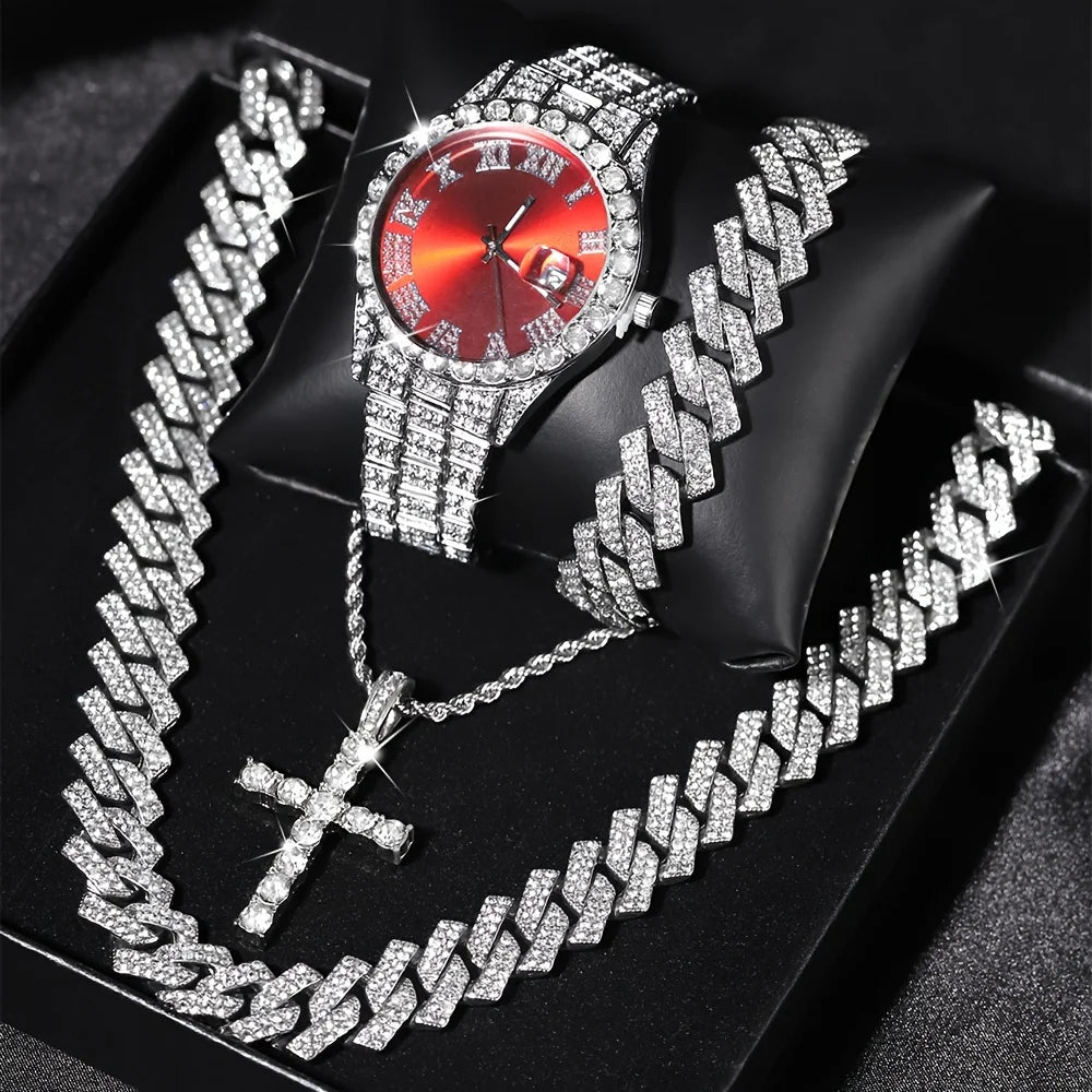Men's Bling Quartz Watch and Cuban Chain Necklace Set