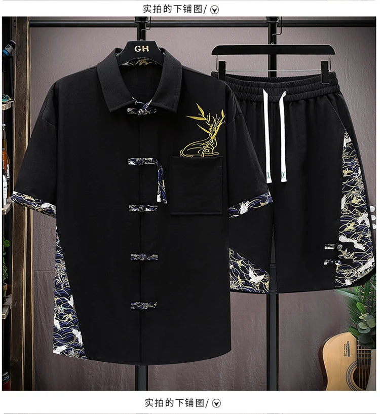 Men's Print Short-Sleeve Shirt and Shorts Two-Piece Set