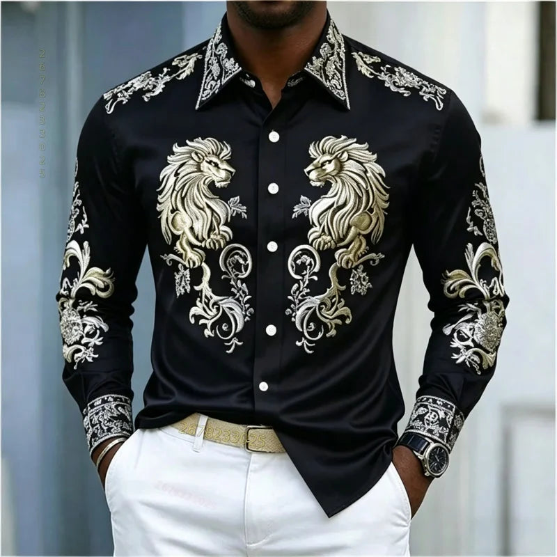 Men's Baroque Lion Head Slim Fit Long Sleeve Shirt XS-6XL