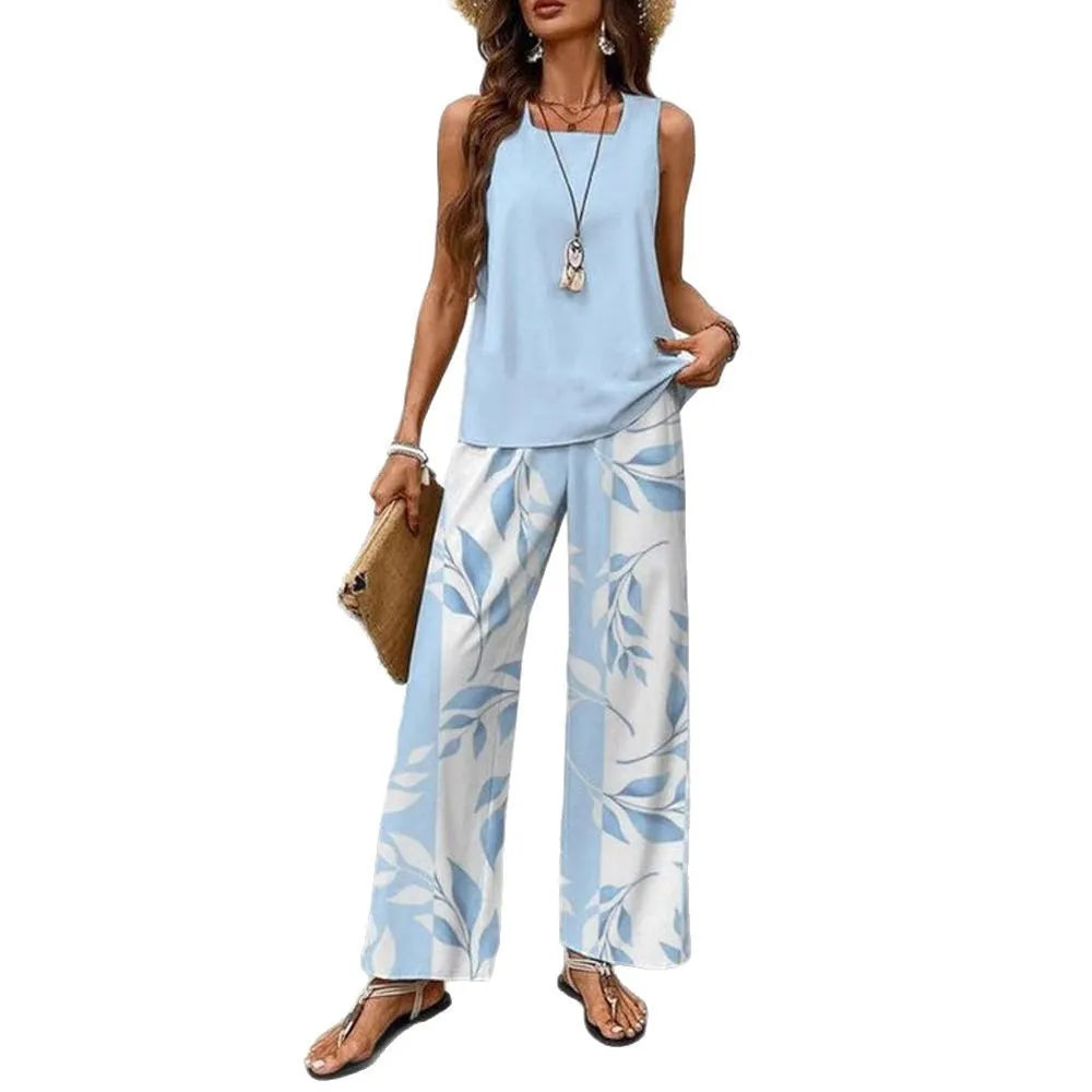 Women's Flower Stripe Two-Piece Set, Sleeveless Vest and Long Pants