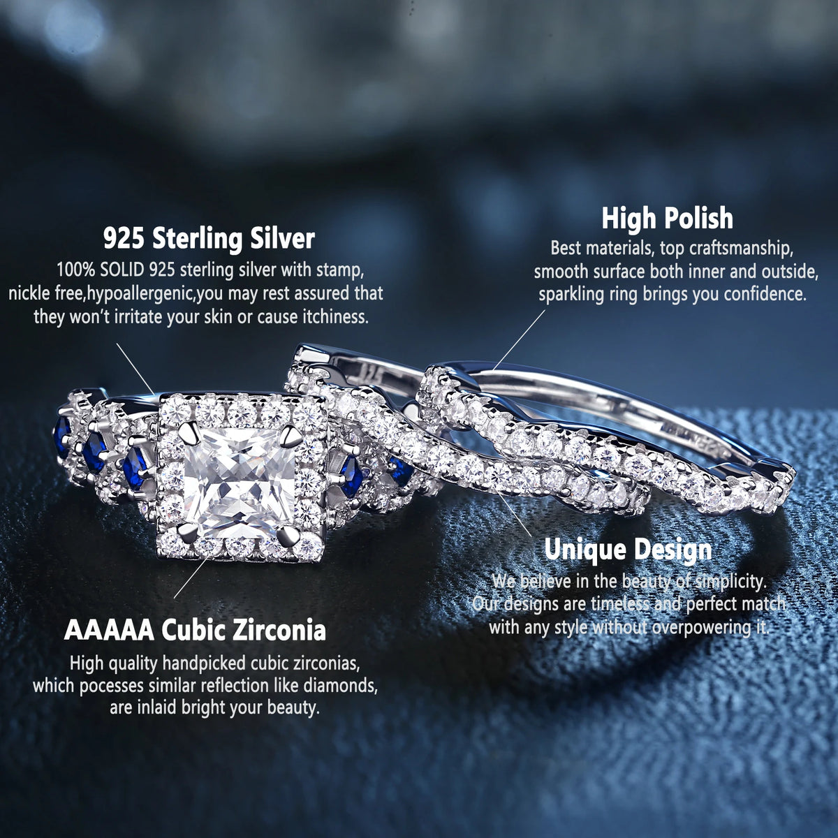 Women's 925 Silver Princess Cut CZ Bridal Ring Set