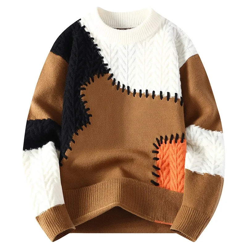 Men's Winter Patchwork Knit O-Neck Pullover, Thick Loose Sweater