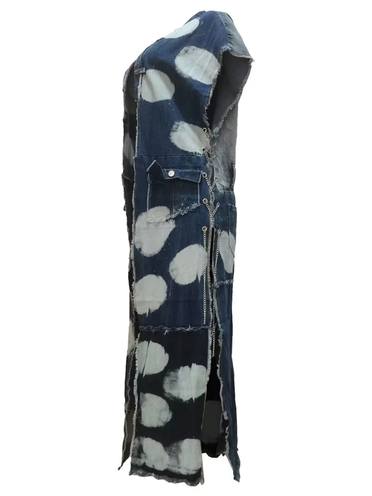Women's Long Denim Trench Jacket with Pockets, Street Outerwear