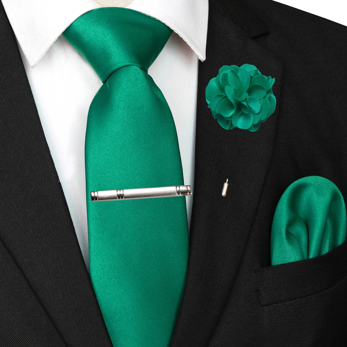 Men's Solid Color Tie Set with Lapel Pin and Pocket Square