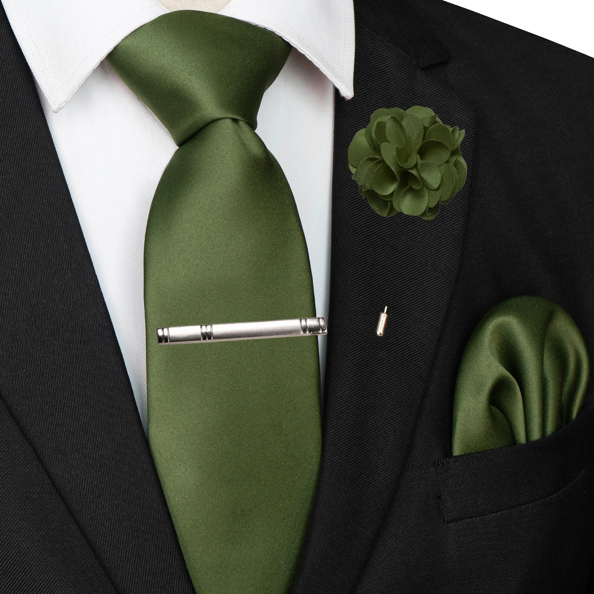 Men's Solid Color Tie Set with Lapel Pin and Pocket Square