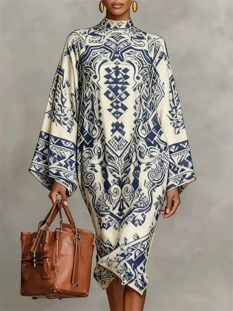 Women's Vintage Tribal Print High-Neck Batwing Mini Party Dress