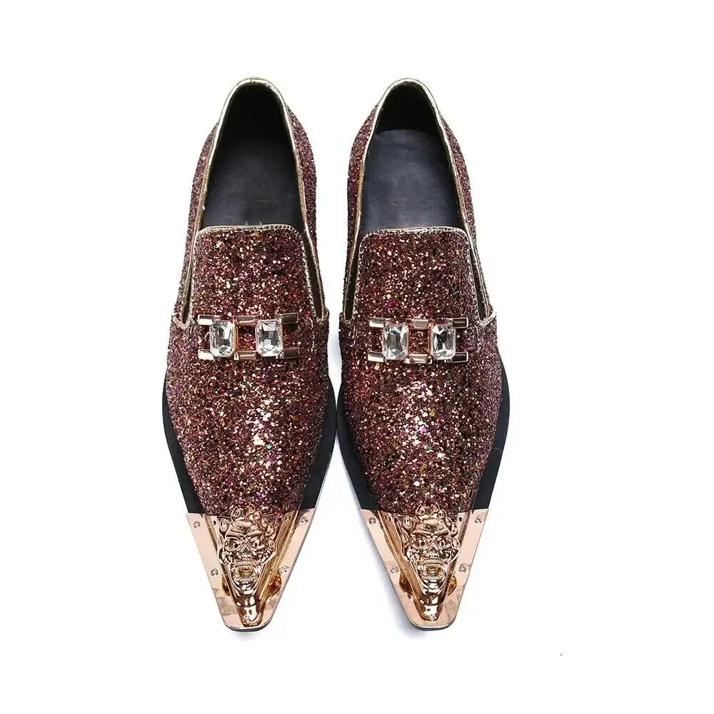 Men's Glitter Gold Italian Pointed Leather Wedding Dress Shoes