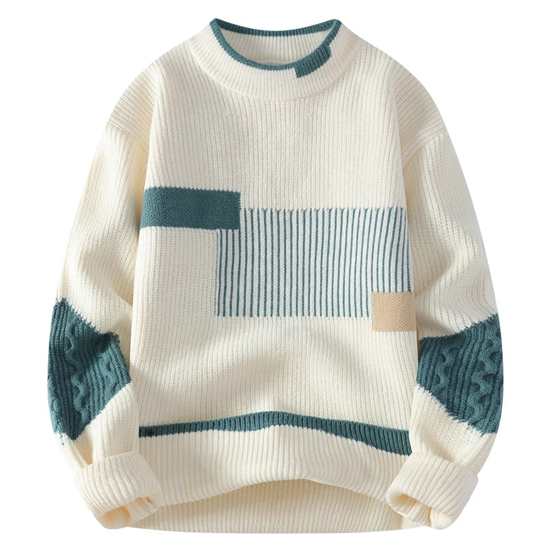 Men's Mock Neck Patchwork Knit Pullover Sweater Autumn Winter