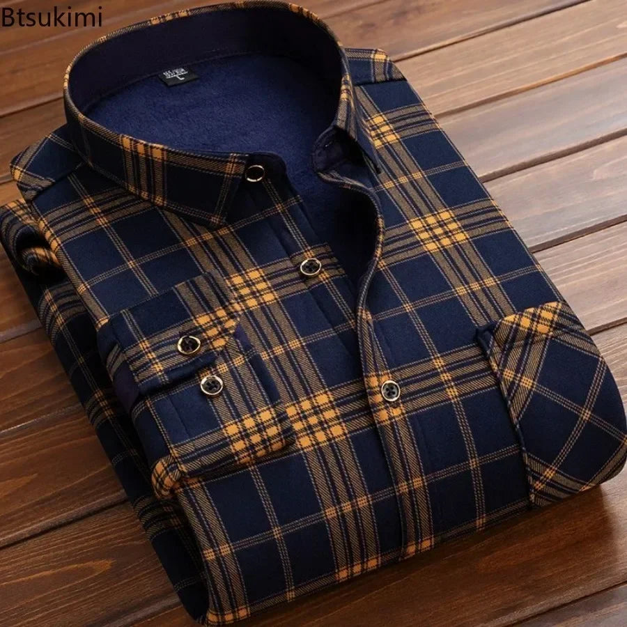 Men's Winter Plaid Flannel Fur Lined Fleece Dress Shirt