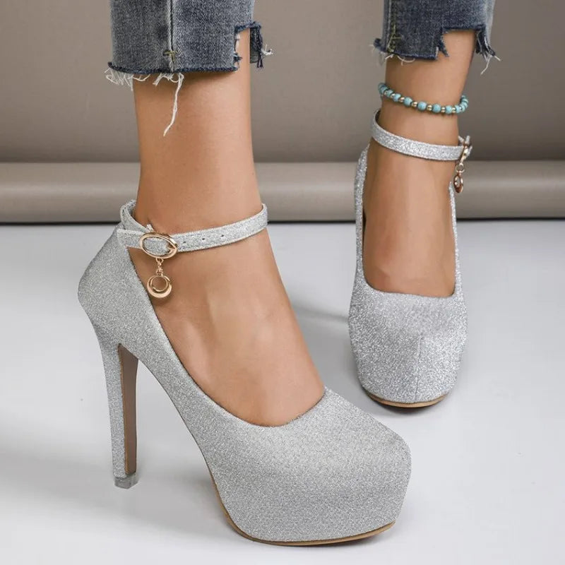 Women's Thin Heel Waterproof Platform Buckle Strap High Heels