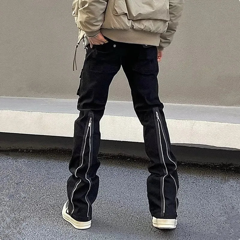 Men's Black Flared Zipper Cargo Jeans
