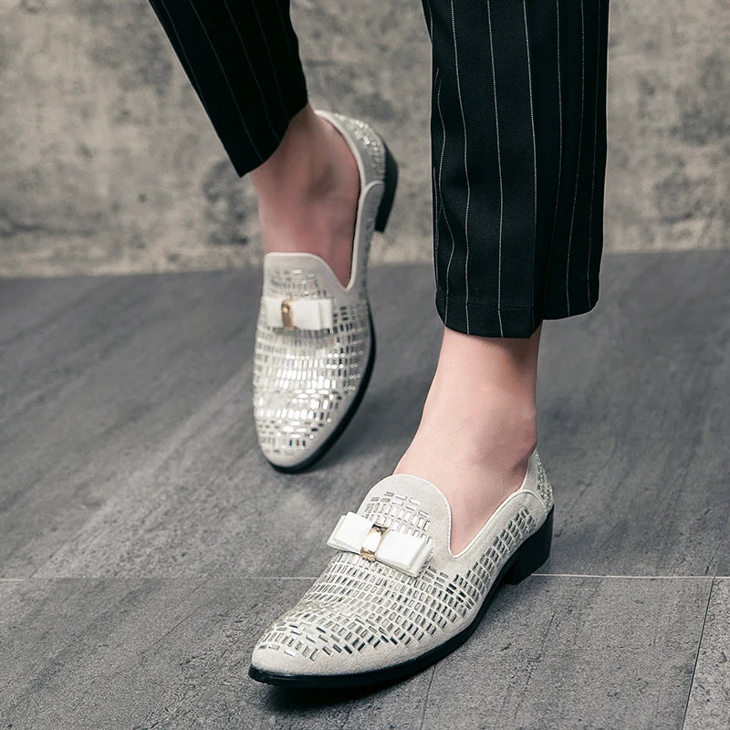Men's Rhinestone Silver Slip-On Prom Wedding Loafers 48
