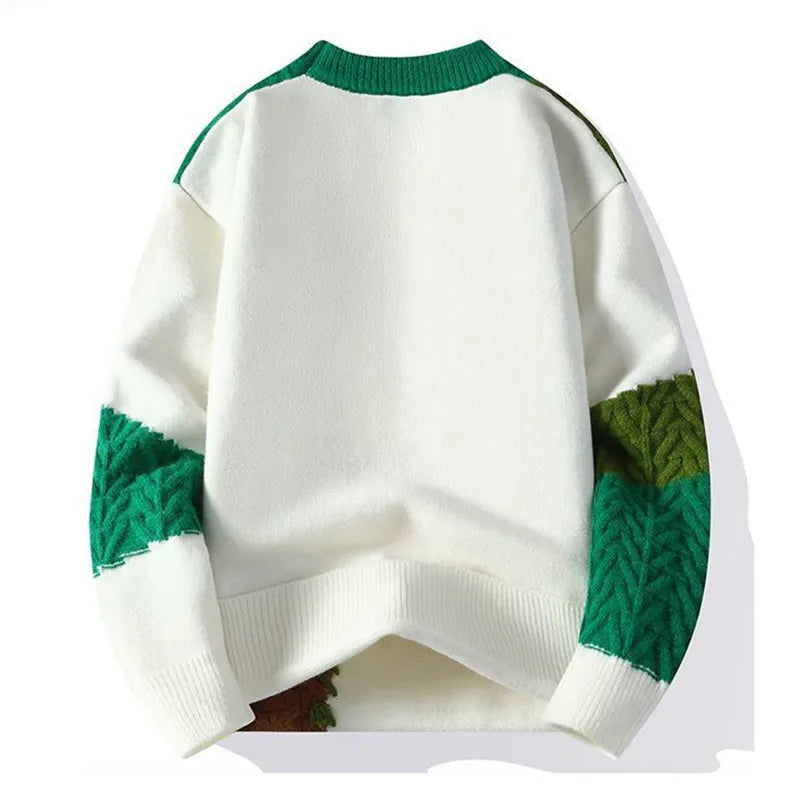 Men's Winter Patchwork Knit O-Neck Pullover, Thick Loose Sweater