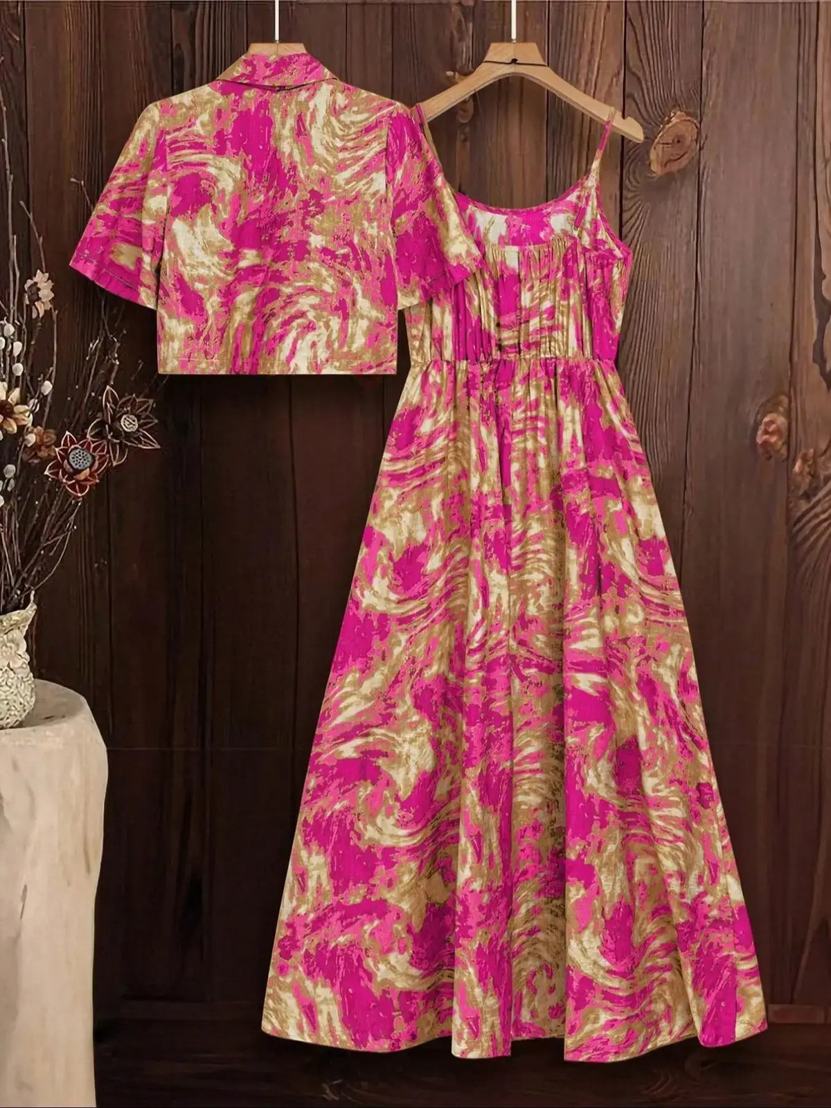 Women's Plus Size Marble Print Tank Dress and Top Set