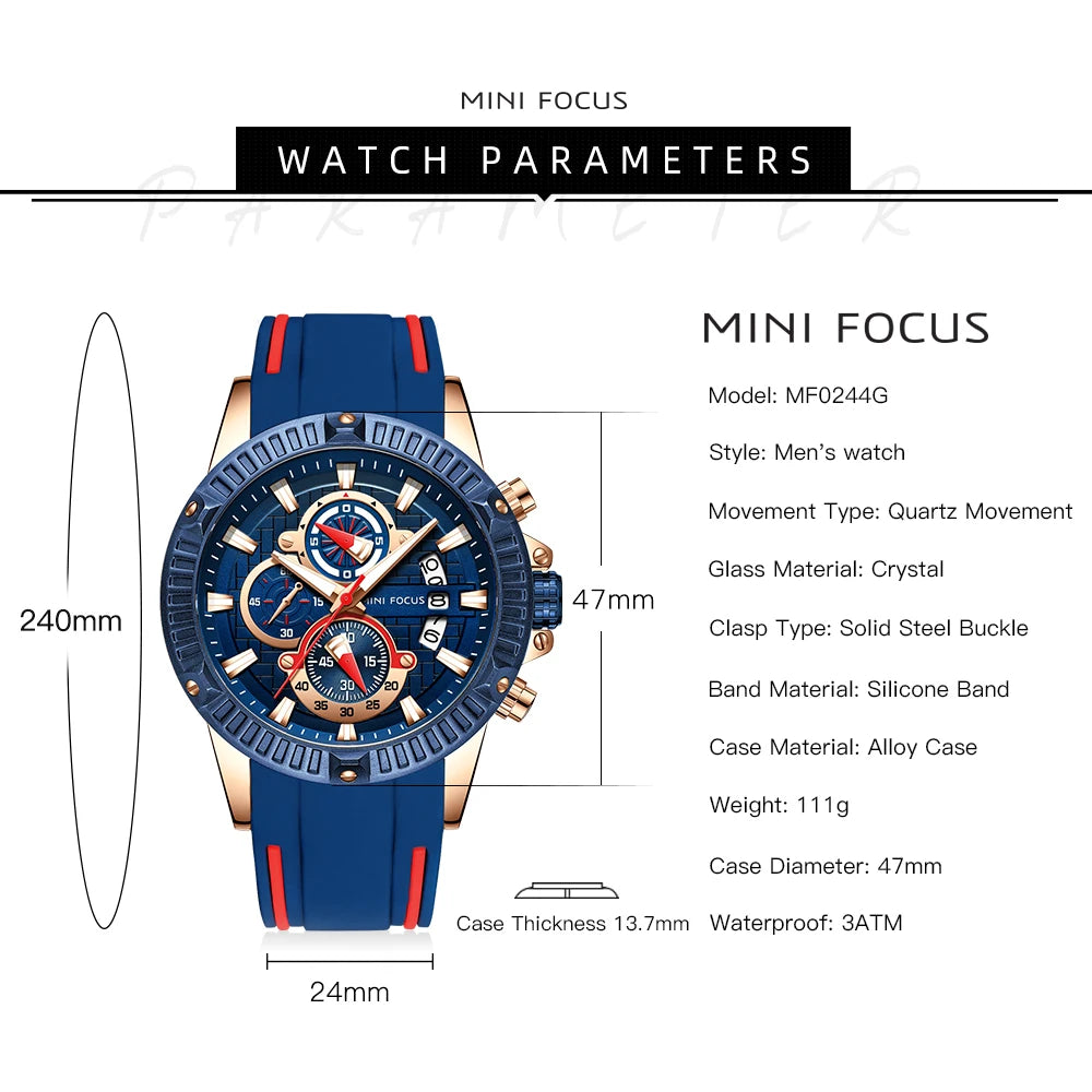 Men's Splash-Resistant Silicone Quartz Chronograph Watch, Luminous Dial