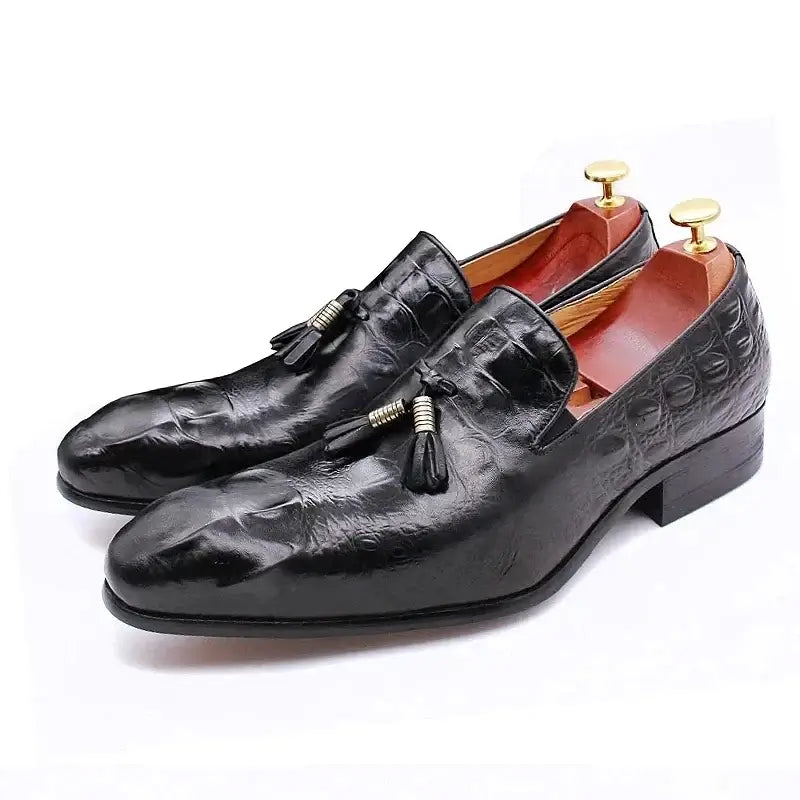 Men's Genuine Leather Black Tassel Loafers Formal Slip-On Dress Shoes