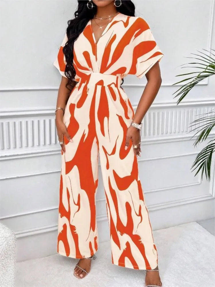 Women's V-Neck Short-Sleeve Printed Wide-Leg Jumpsuit