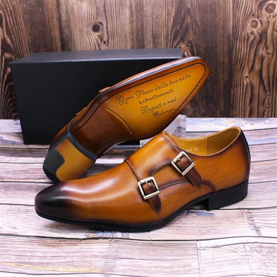 Men's Calf Leather Double Buckle Monk Strap Dress Shoes