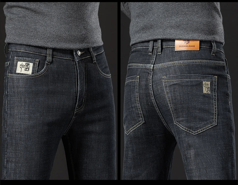 Men's Winter Fleece-Lined Lamb Denim Straight Stretch Jeans, Size 40