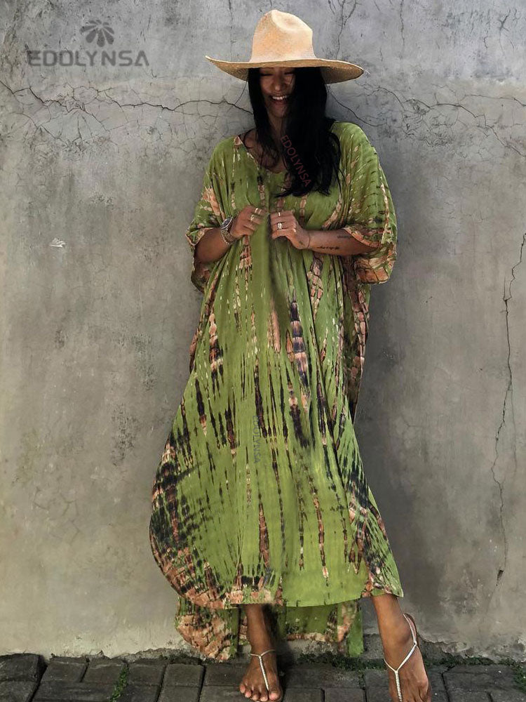 Women's Bohemian Printed V-Neck Batwing Split Maxi Dress