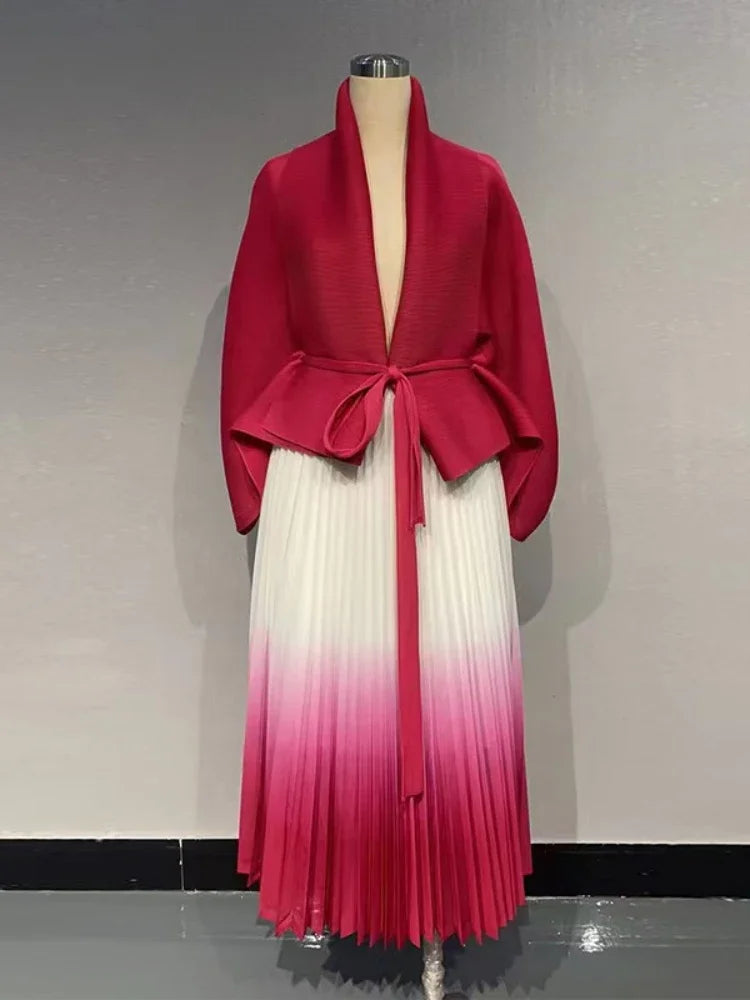 Women's Gradient Pleated Belted Top and A-Line Dress Set