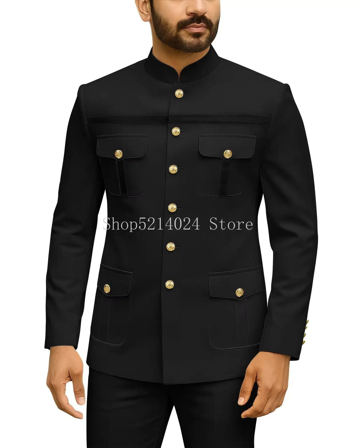 Mens Safari Suit 2 Piece Regular Fit Chinese Suit Stand Collar Gold Button Blazer Pants Set African Outfits