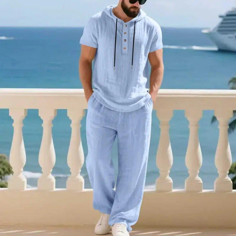 Men's Summer Linen Short Sleeve Hoodie and Loose Pants Set