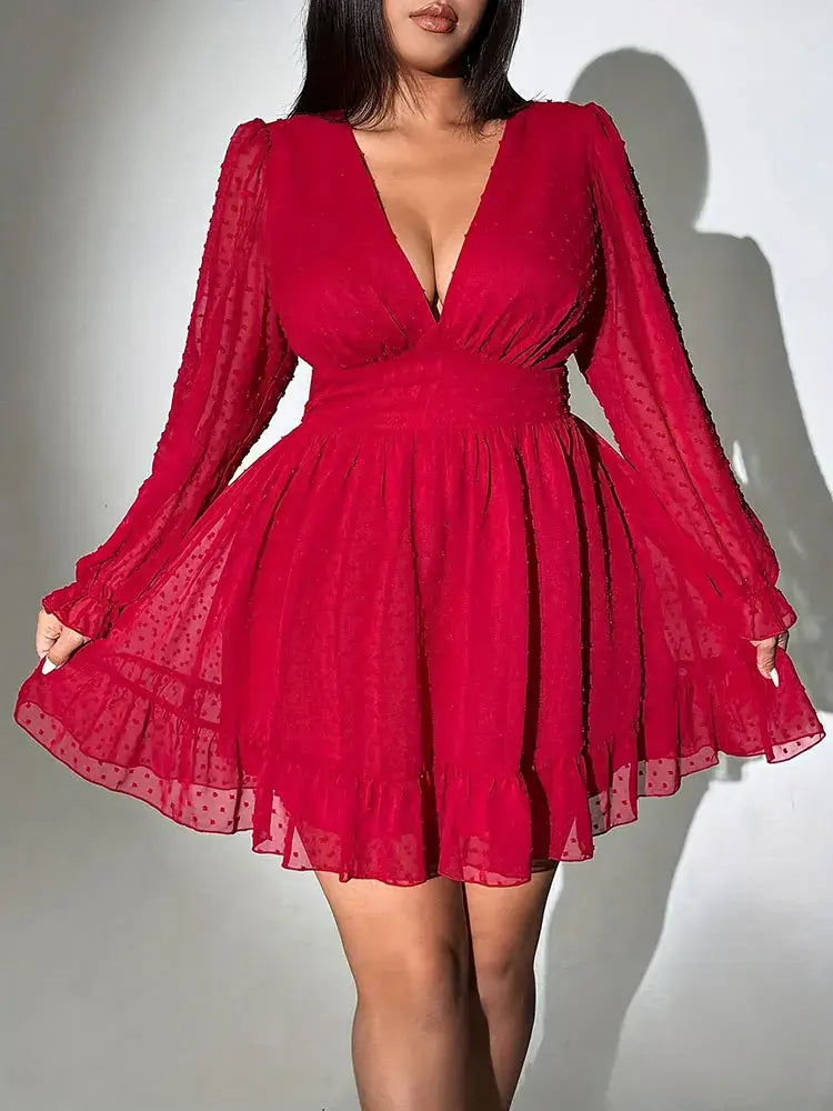 Women's Plus Size V-Neck Polka Dot A-Line Evening Dress