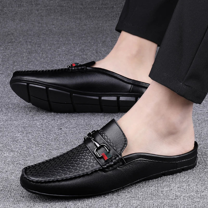 Men's Breathable Genuine Leather Slip-On Half Loafers, Italian Style