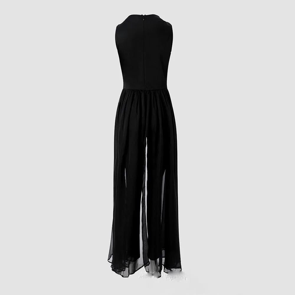 Women's Rhinestone Mesh Sleeveless Floor-Length Red Jumpsuit