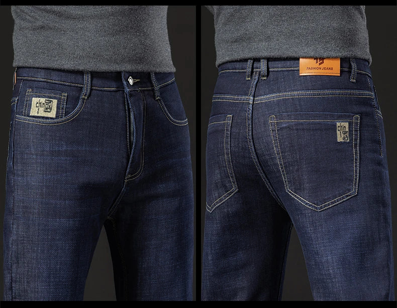 Men's Winter Fleece-Lined Lamb Denim Straight Stretch Jeans, Size 40