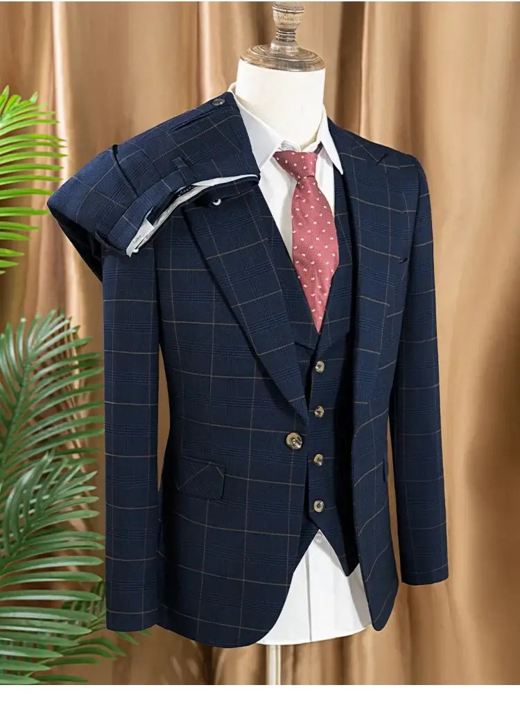 Men's 3-Piece Checkered Business and Wedding Suit