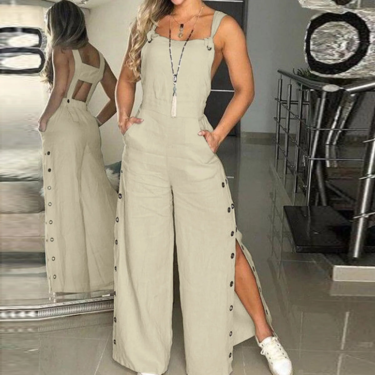 Women's Summer Sleeveless Cotton Linen Playsuits Strappy Side Button Opening Overalls Loose Long Wide Leg Pants Female Jumpsuits