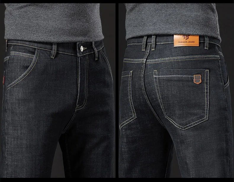 Men's Winter Fleece-Lined Lamb Denim Straight Stretch Jeans, Size 40
