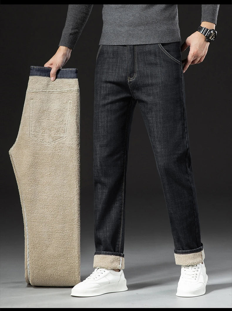 Men's Winter Fleece-Lined Lamb Denim Straight Stretch Jeans, Size 40