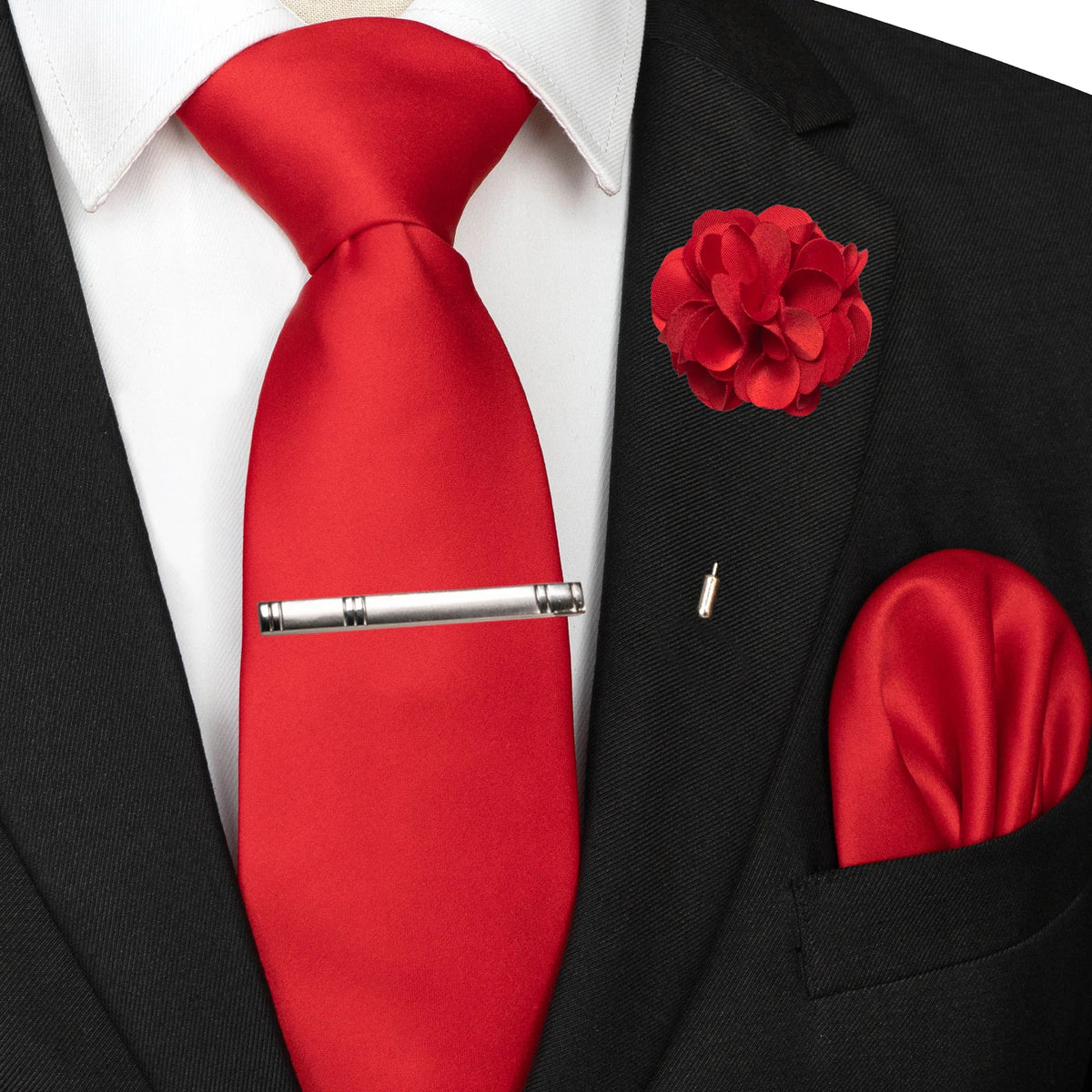 Men's Solid Color Tie Set with Lapel Pin and Pocket Square