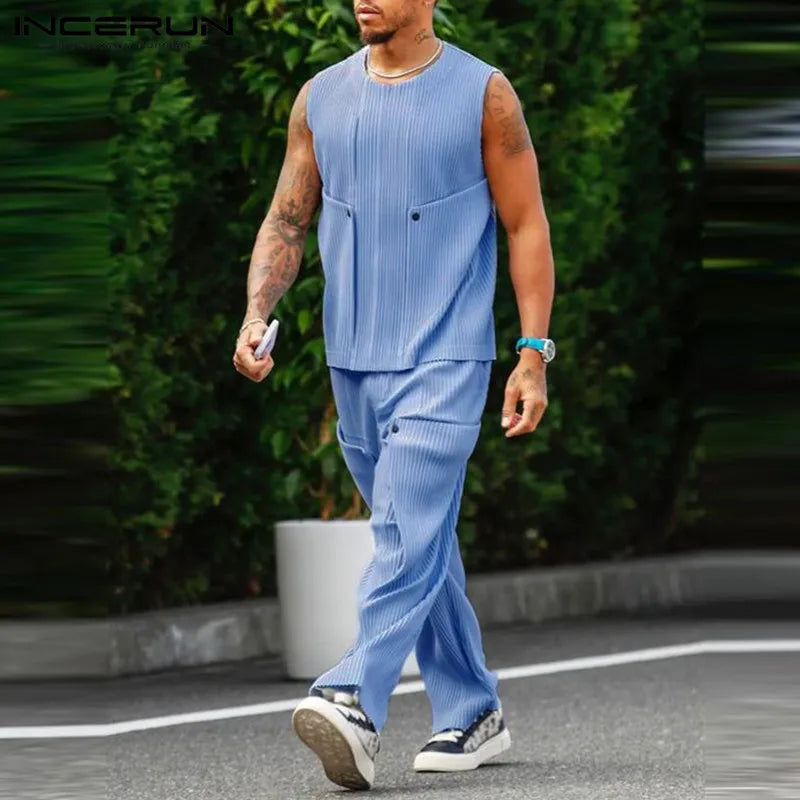 Men's Solid O-Neck Tank and Pants 2-Piece Summer Set