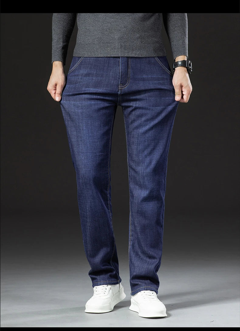 Men's Winter Fleece-Lined Lamb Denim Straight Stretch Jeans, Size 40