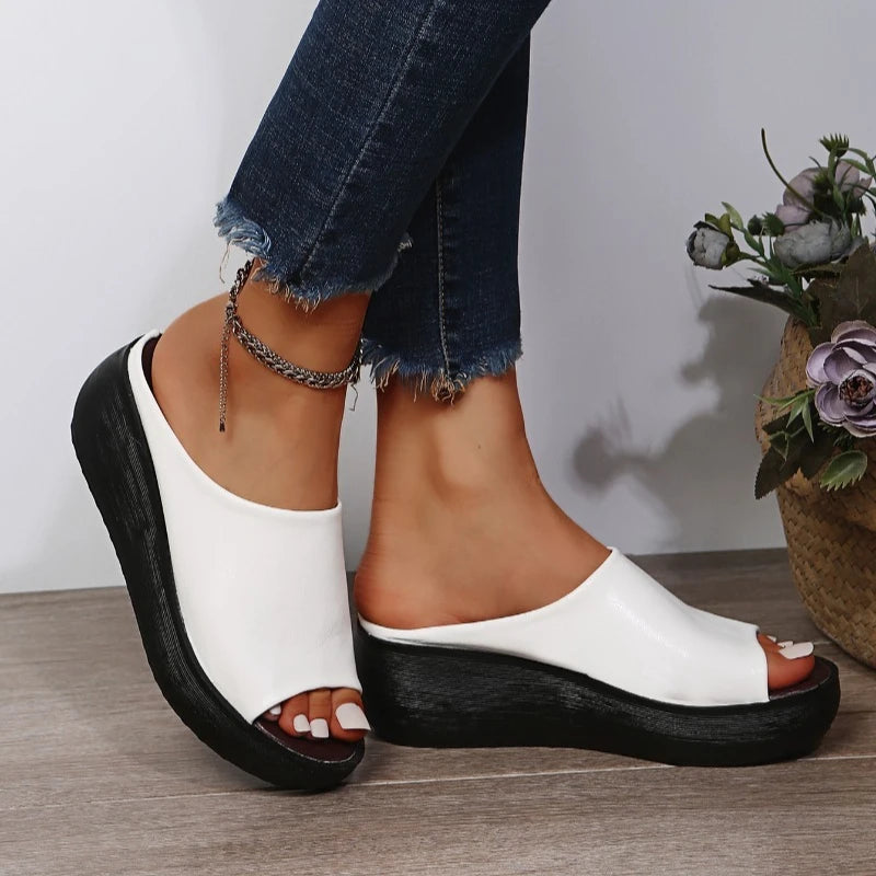 Women's White Retro Fish-Mouth Wedge Sandals, Large Size 44