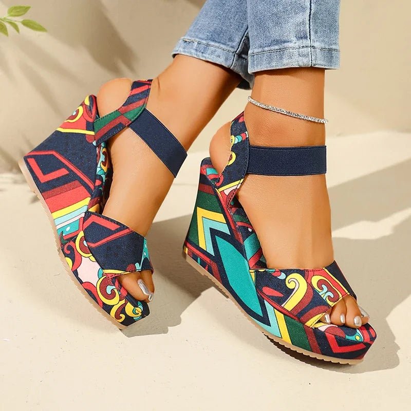 Women's Retro Ethnic Print Platform Wedge Sandals
