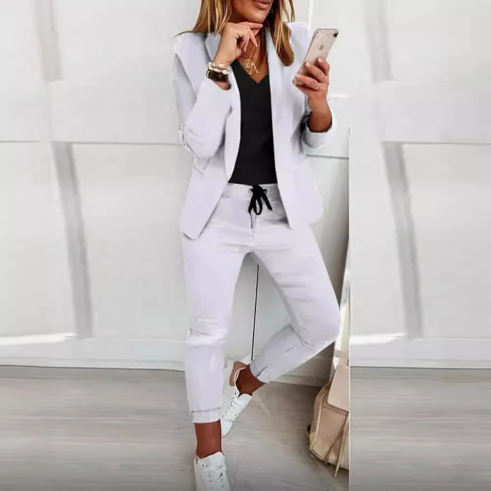 Women's Monochrome Drawstring Elastic-Waist Slit Suit Two-Piece