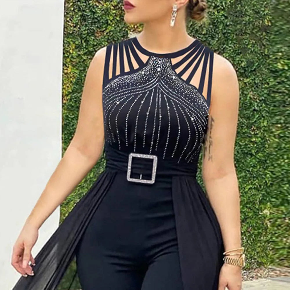 Women's Rhinestone Mesh Sleeveless Floor-Length Red Jumpsuit