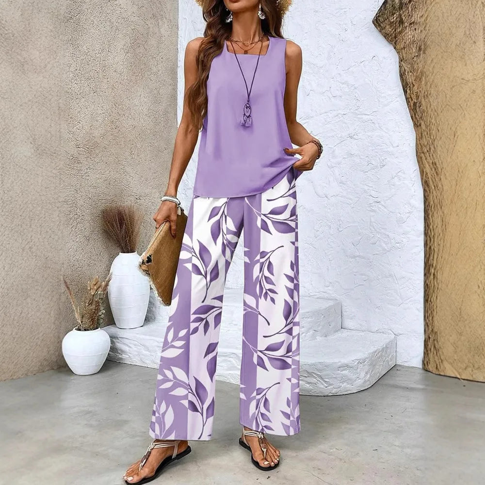 Women's Flower Stripe Two-Piece Set, Sleeveless Vest and Long Pants