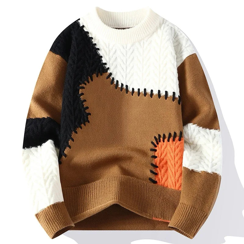 Men's Winter Patchwork Knit O-Neck Pullover, Thick Loose Sweater