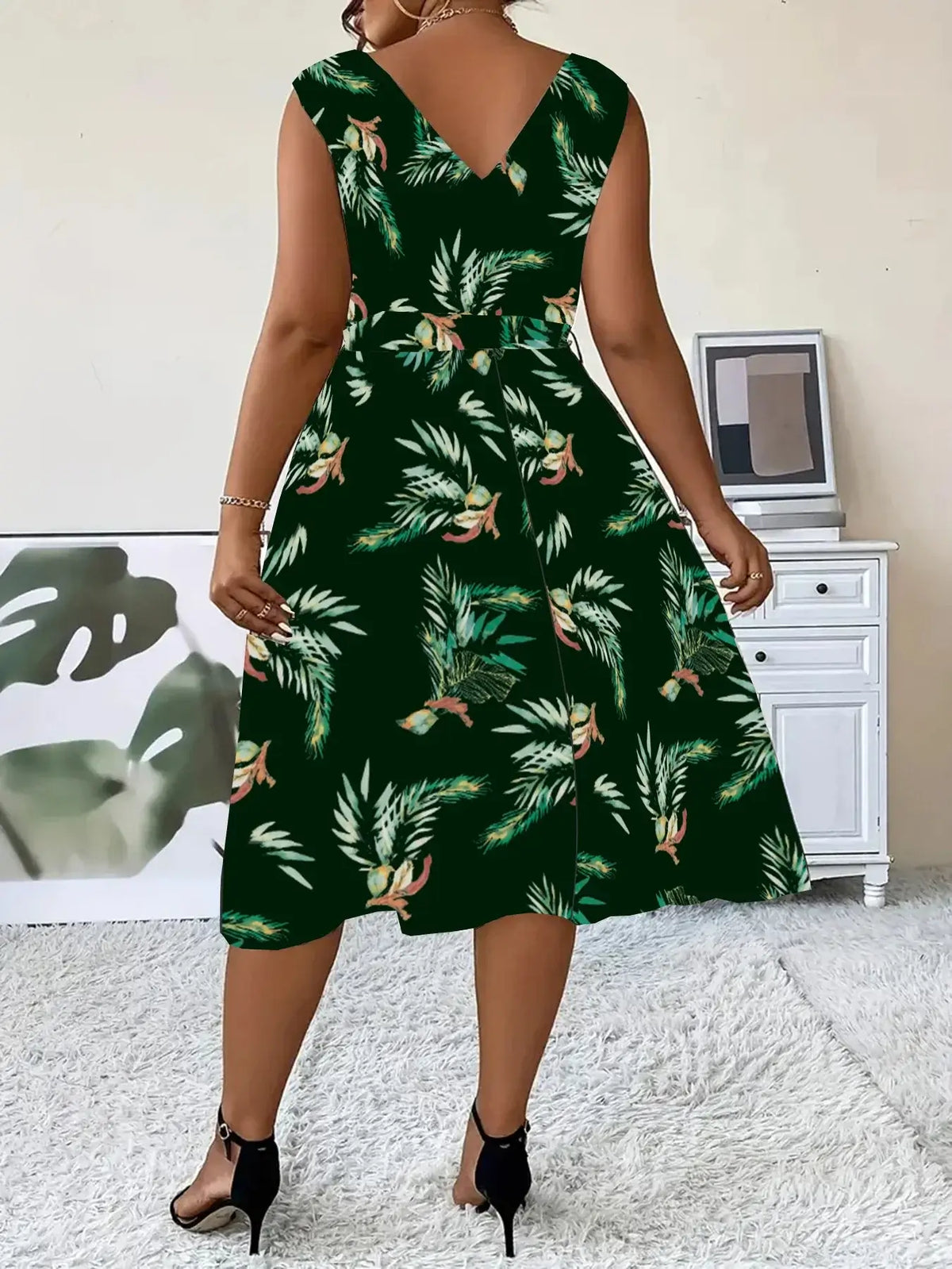 Women's Plus Size Print V-Neck Sleeveless Slim Dress