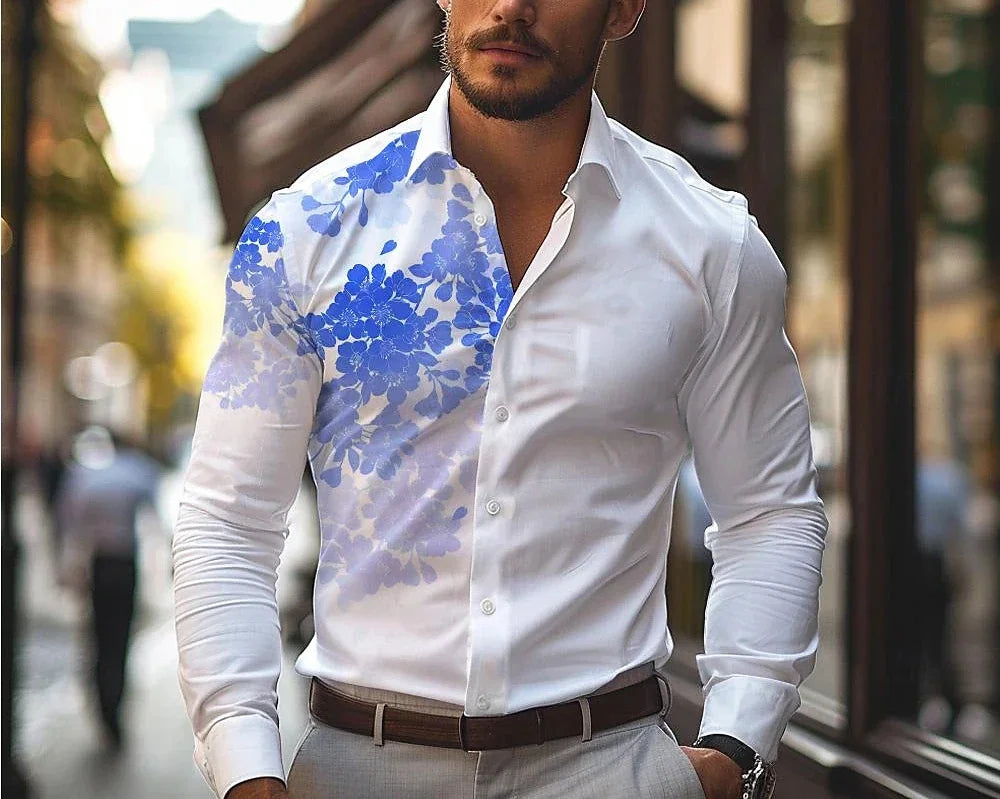 Men's 3D Leaf Print Lapel Long Sleeve Button Shirt