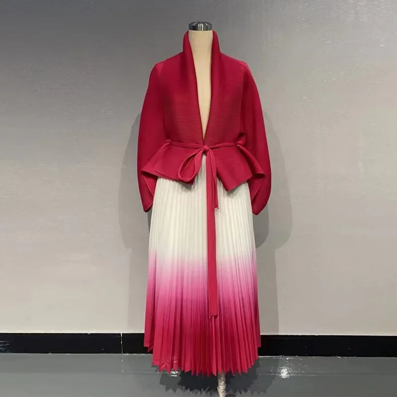 Women's Gradient Pleated Belted Top and A-Line Dress Set